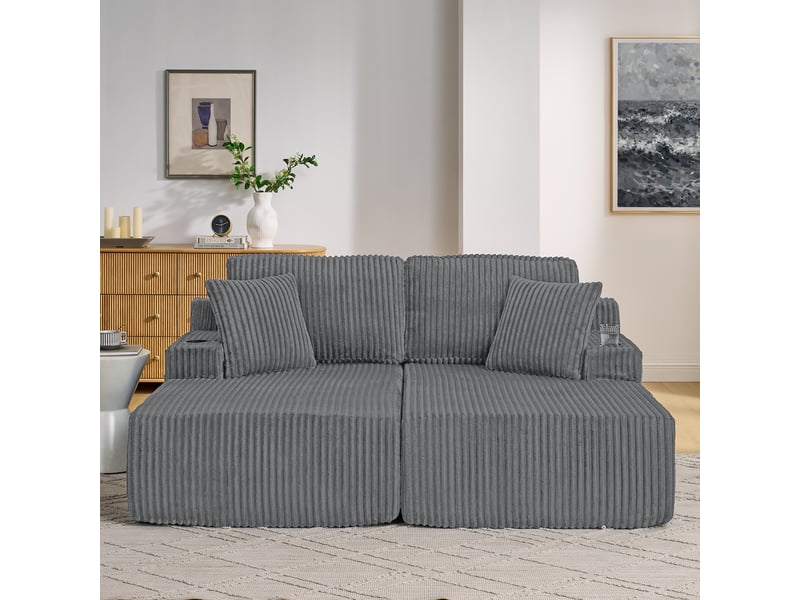 Canapé relax 2 places, canapé lounge, 186x154x78 cm, canapé compressé sans cadre, porte-gobelet, poche latérale, coussins, velours côtelé gris - Conforama E