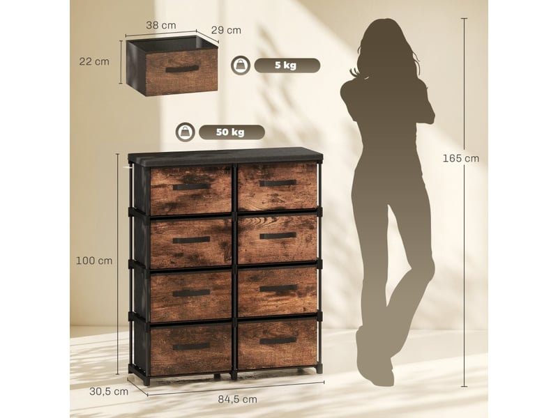 Commode 8 tiroirs en tissu marron rustique, cadre métal noir, style industriel pour chambre et salon - Conforama C