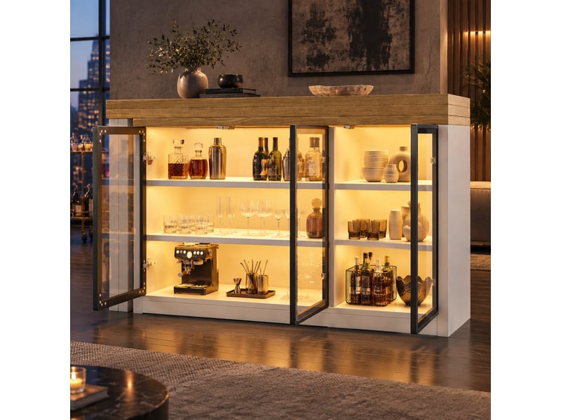  Table de salle à manger extensible pivotante avec meuble latéral, éclairage multicolore, de cuisine, 120 × 40 × 72 cm  - Conforama C