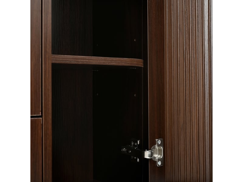  Meuble tv buffet bas rétro mdf noyer 120x40x82cm 2 portes 3 tiroirs poignées noires design arrondi  - Conforama W