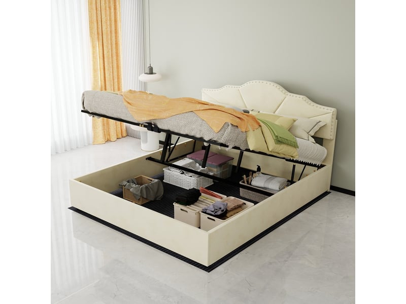  Lit coffre moderne minimaliste avec tête de lit rembourrée beige 160x200cm sommier coffre haut avec vérin hydraulique sans matelas  - Conforama B