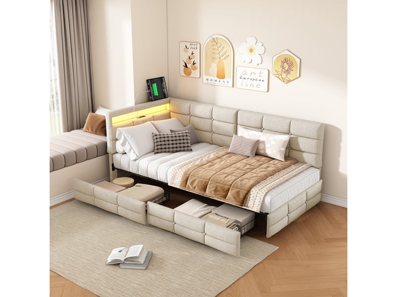 Lit jeune 90x200 avec rangement, lit simple pour adolescent avec led et usb lit banquette avec 2 tiroirs et tête de lit rembourrée beige lin, sans matelas - Conforama R