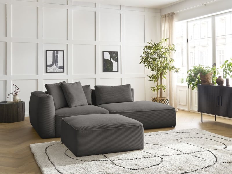  Bobochic canapé droit fixe 3 places leopold velours côtelé avec pouf taupe  accoudoir gauche LEOPOLD - Conforama D