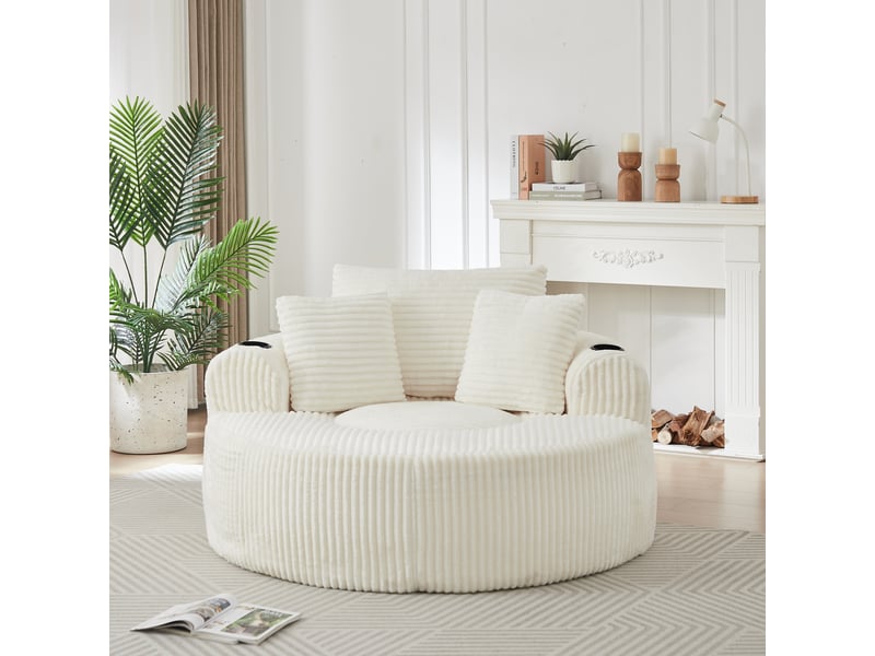  Fauteuil lounge rond 142 x 142 x 85 cm avec 3 coussins, 2 porte-gobelets et rangement latéral antidérapant, velours côtelé, beige OMNIGLINT TRADING LTD - Conforama C