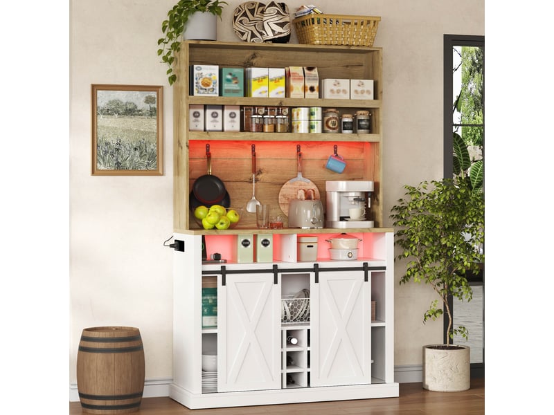  Buffet de cuisine haut 191x110x40 cm, meuble rangement cuisine avec capacité de charge 50 kg, portes coulissantes, étagères ouvertes et crochets latéraux  - Conforama E