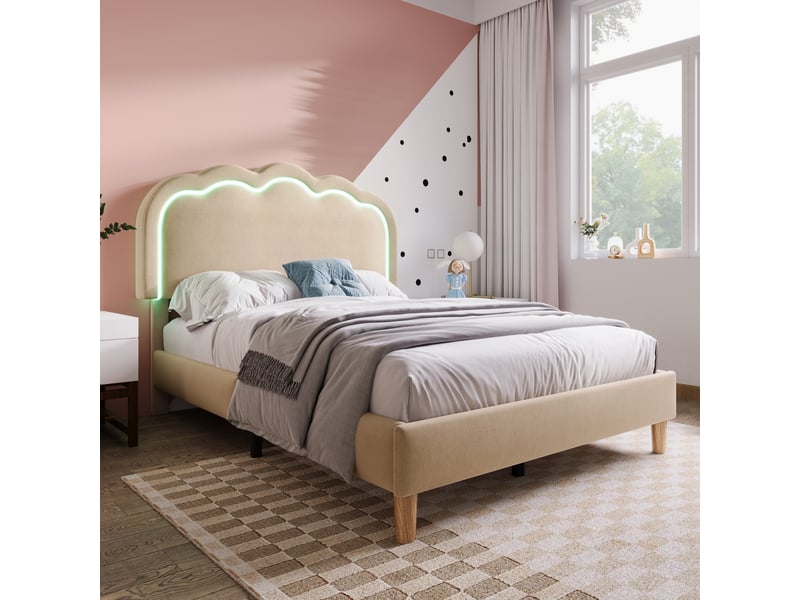  Lit simple 90x190 capitonné beige avec éclairage led et tête de lit réglable - revêtement lin  - Conforama B