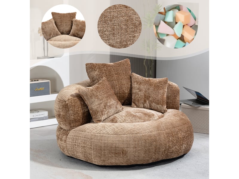  Pouf fauteuil en tissu chenille marron café avec 3 coussins W3056P262423 - Conforama E