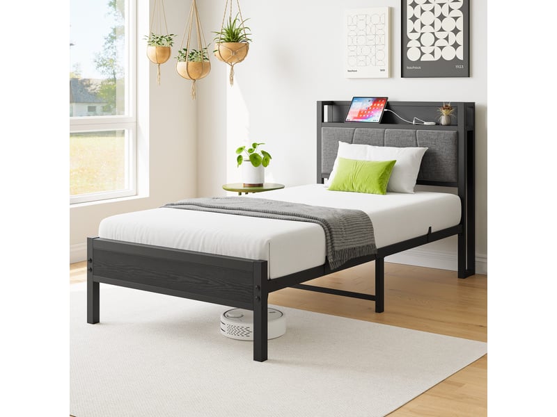  Lit 90x200 cm en métal, cadre de lit en métal noir avec tête de lit avec 1 prise et 2 ports de charge usb, sans matelas  - Conforama W