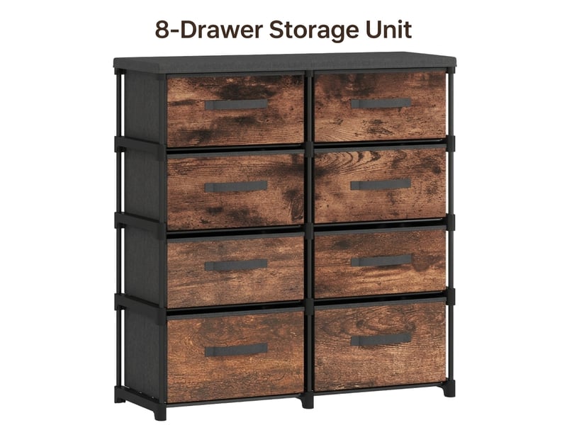  Commode en tissu 8 tiroirs avec porte-manteau, style industriel marron rustique, meuble de rangement 100 cm  - Conforama A