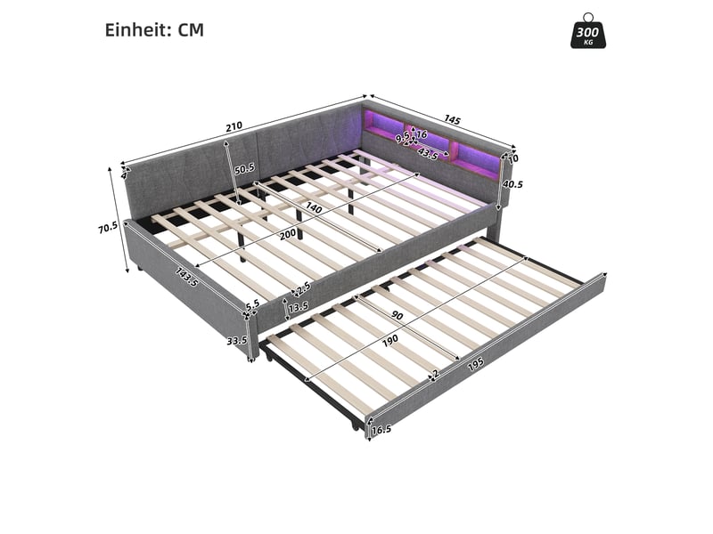  Lit simple 140x200 cm lin gris avec lit gigogne, led et usb-c, sans matelas  - Conforama C