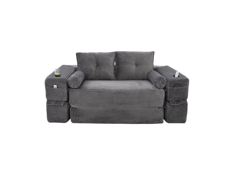  Canapé convertible 2 places 180*98*80 cm en velours côtelé avec poches et porte-gobelet gris foncé chicfurn  - Conforama A