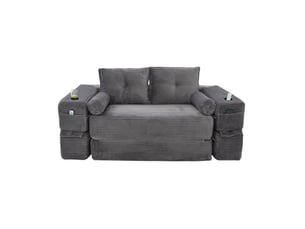 Canapé convertible 2 places 180*98*80 cm en velours côtelé avec poches et porte-gobelet gris foncé chicfurn