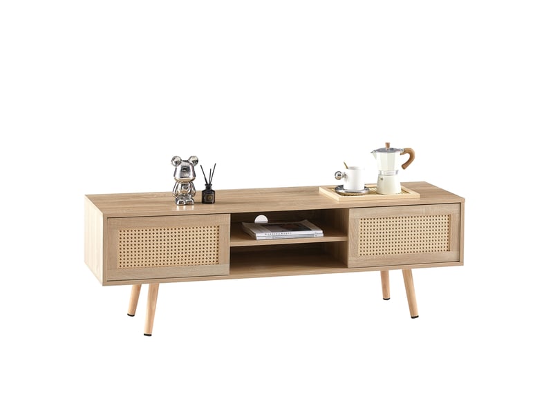  Meuble tv ulevr 140 cm avec portes coulissantes en rotin, rangement et étagères réglables, mdf bois naturel clair  - Conforama A