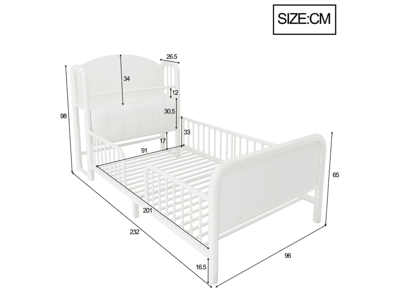  Lit simple enfant 90x200 cm blanc avec barrières, rangement en tête de lit et led  - Conforama C