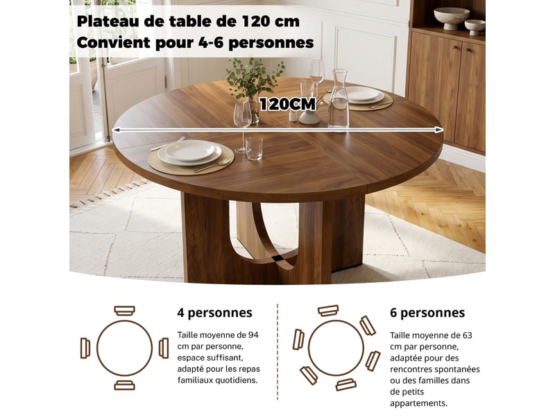  Table à manger ronde 120 x 120 cm, 4-6 personnes, style scandinave, noyer, sans chaises Jamama eleni - Conforama D