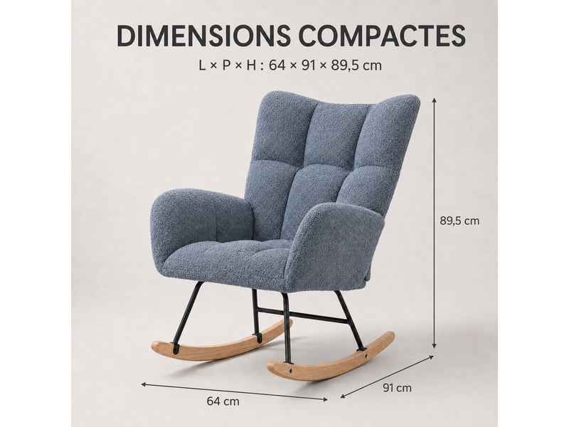  Fauteuil à bascule teddy bleu, fauteuil rocking‑chair ergonomique avec dossier haut et accoudoirs rembourrés, base en bois massif, chaise de relaxation pour salon, chambre et chambre bébé  - Conforama D