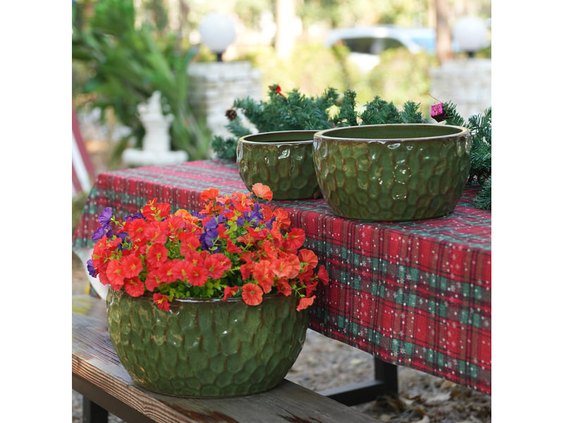 Lot de 3 pots de fleurs en céramique émaillée vert antique avec trous de drainage, pour intérieur et extérieur - Conforama E