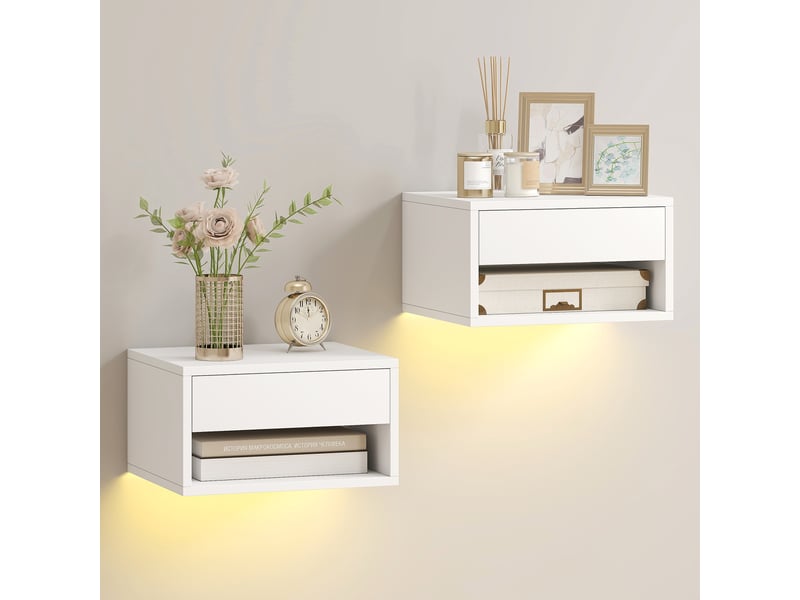  Ensemble de 2 tables de chevet suspendues avec éclairage led rgb, contrôle par application, tiroir, étagère ouverte, 37 x 32 x 21 cm, blanc  - Conforama A
