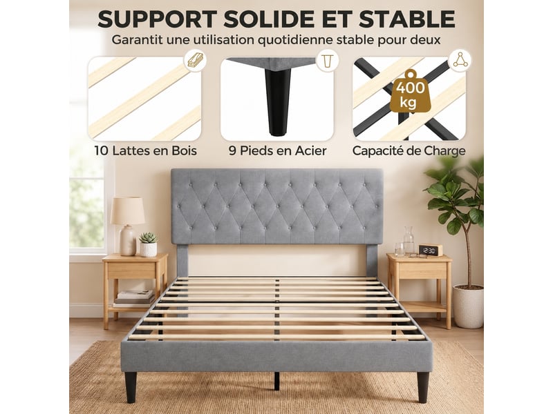  Cadre de lit 140 x 190 avec sommier, lit double capitonné en lin gris, tête rembourrée, 10 lattes  - Conforama E