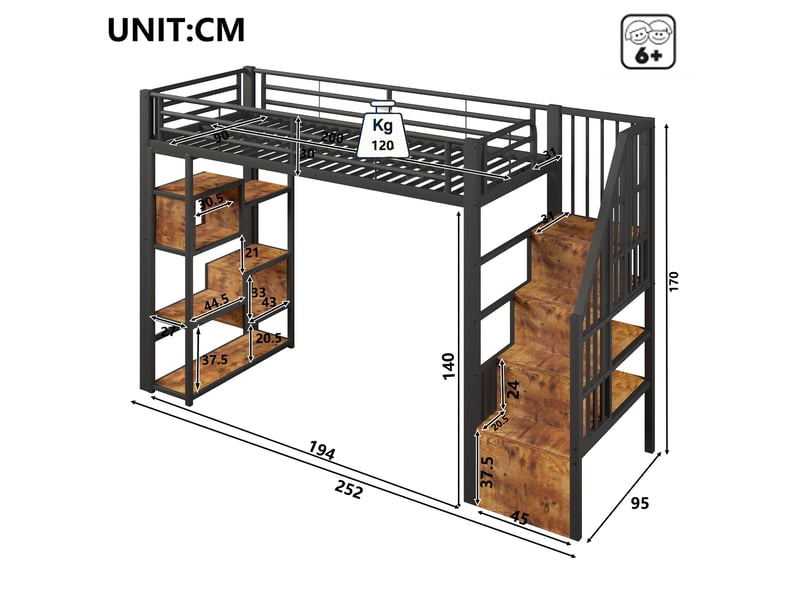  Lit mezzanine, 90 × 200 cm, noir, métal, led, étagères, barrières, marches, échelle, espace ouvert dessous, sans matelas  - Conforama B