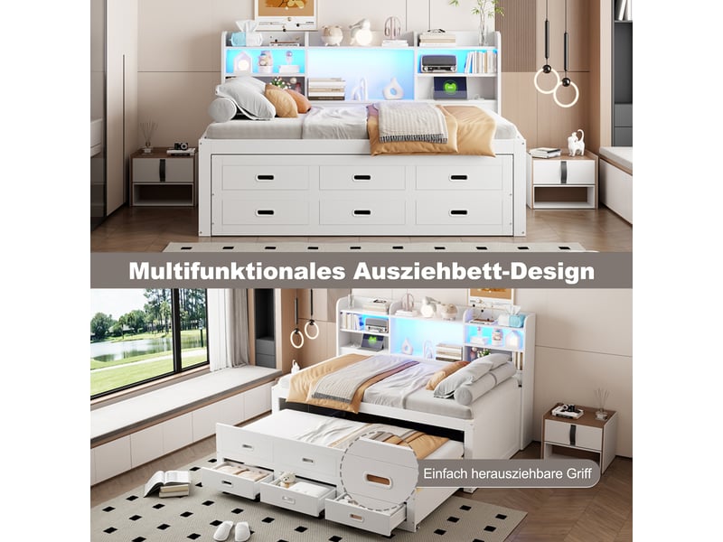  Lit gigogne 90x200 banquette blanc avec led, 3 tiroirs et port usbtype-c  - Conforama D