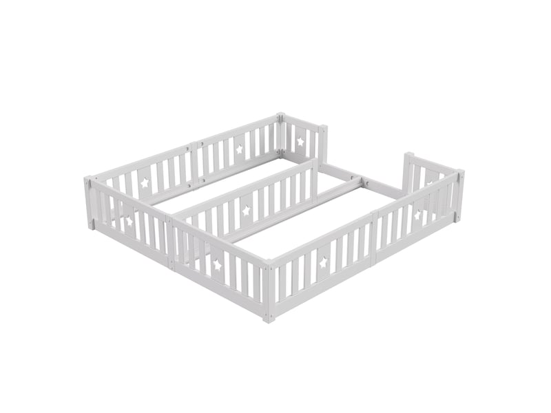  Lit simple 90x200 cm(x2), lit enfant, lit au sol montessori avec barrières, motif étoile,  sommier non inclus, bois, blanc  - Conforama D