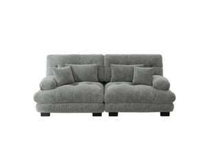 Canapé deux places pour salon en chenille gris, style nuage à assise profonde, accoudoirs ronds et coussins confortables