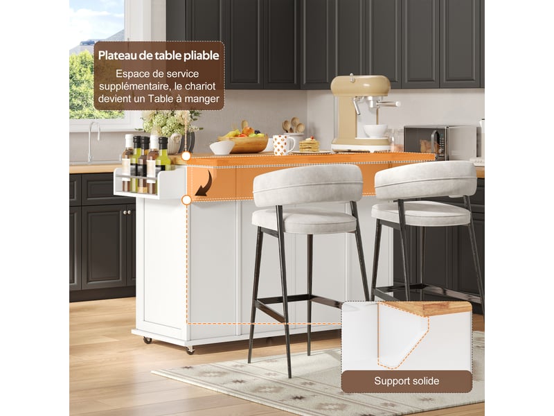  Îlot de cuisine roulant extensible 120 x 4570 x 89 cm avec plateau rabattable, rangement + 3 tiroirs, mdf, blanc et bois  - Conforama E