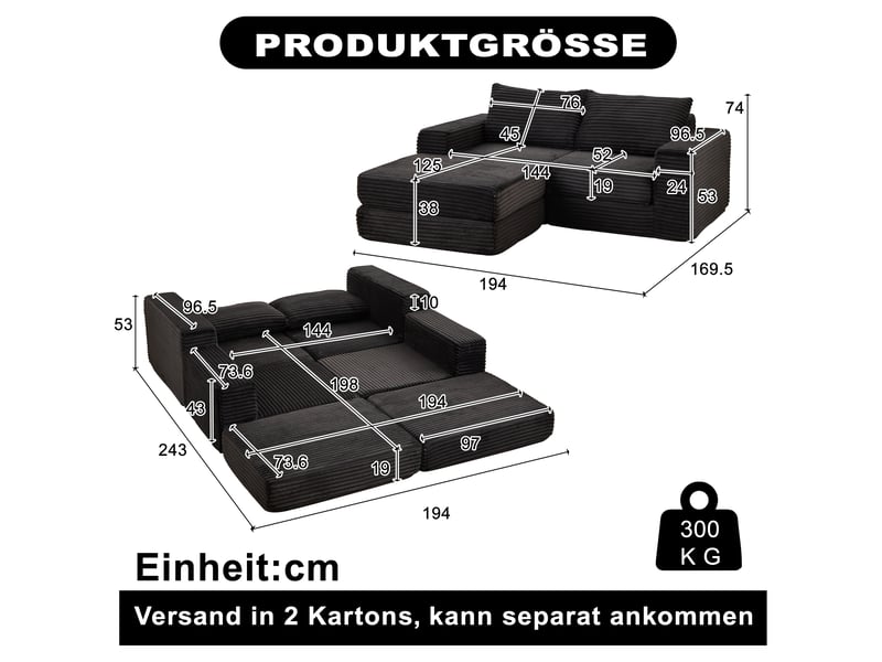 Canapé convertible modulaire avec pouf amovible - accoudoirs carrés, velours côtelé noir - Conforama D