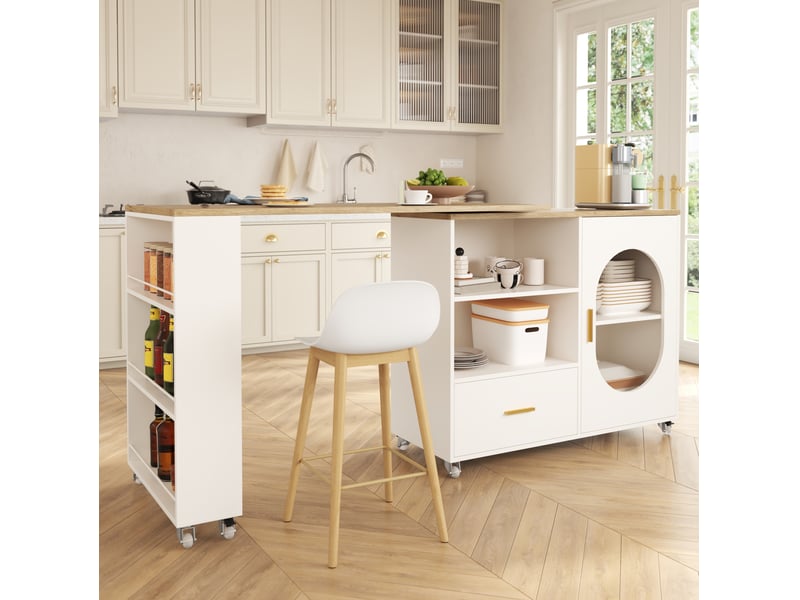  Îlot de cuisine mobile 120-180 x 60 x 90 cm, plateau rotatif 360°, naturelblanc  - Conforama D