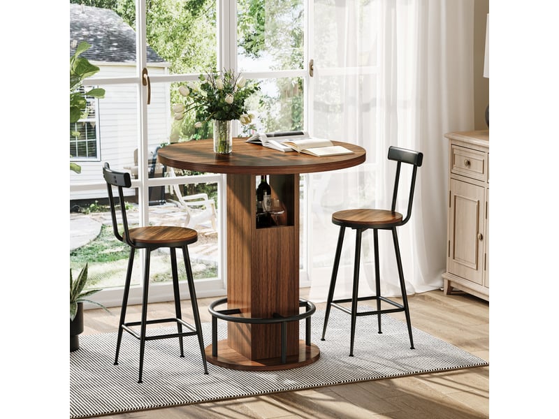  Ensemble table haute ronde avec deux tabourets, diamètre 80 cm, rangements intégrés, panneaux de particules et acier, effet noyer  - Conforama C