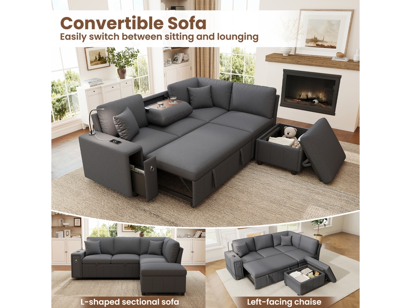 Canapé d’angle convertible l 213 x 184 x 88 cm avec fonction couchage, pouf coffre, table d’appoint rabattable, lampe de lecture led, usbtype-c, tissu chenille - gris - Conforama E