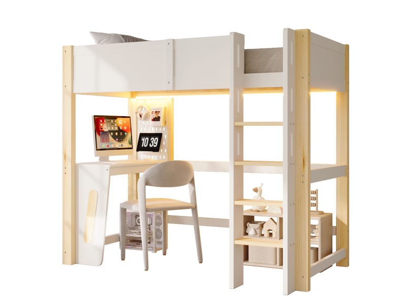 Lit mezzanine 90x200 cm en pin et mdf, naturel et blanc, avec bureau et led - Conforama A