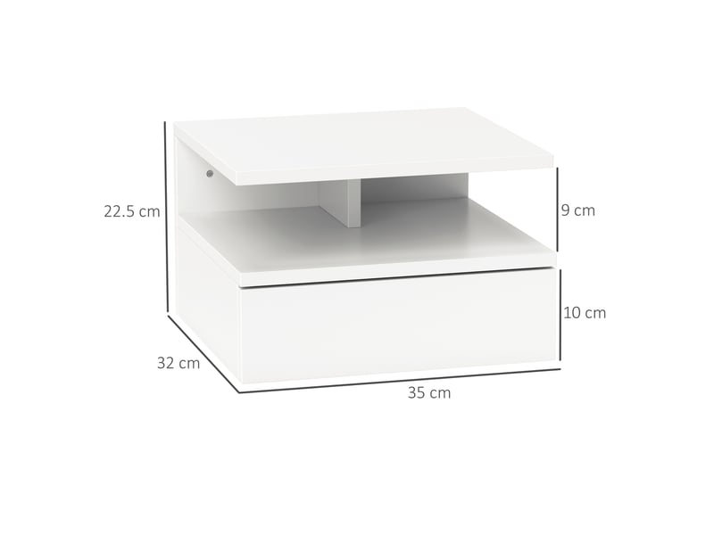  Table de chevet suspendue avec tiroir et étagère en bois, 35 x 32 x 22,5 cm, blanche  - Conforama E
