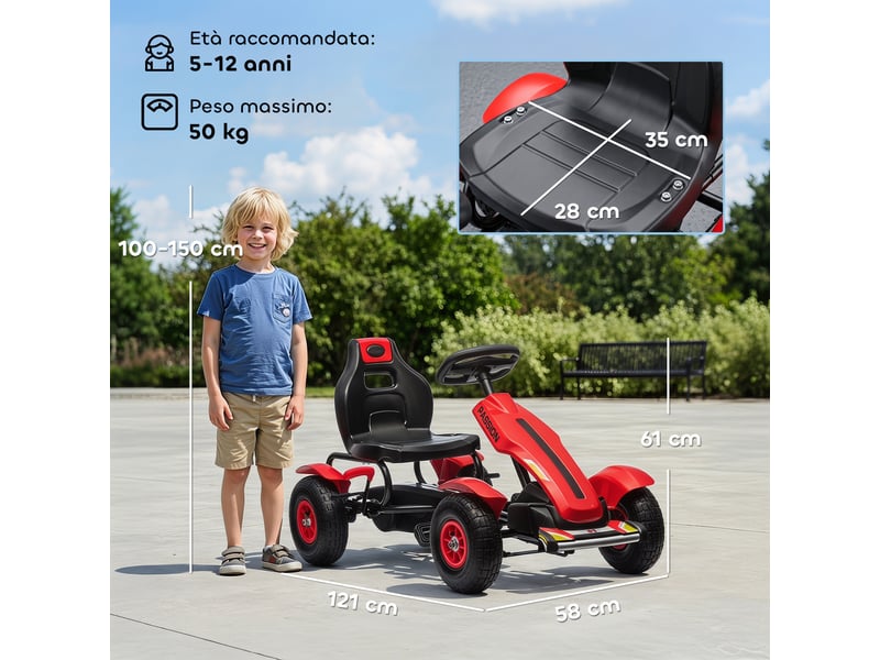  Karting à pédales pour enfants de 5 à 12 ans avec siège réglable et frein à main, 121 x 58 x 61 cm, rouge  - Conforama E
