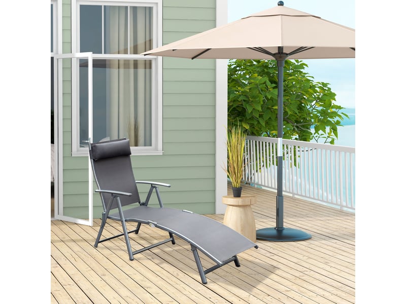  Bain de soleil pliant 180x63,5 cm – gris – dossier réglable 7 positions, coussin et structure métal  - Conforama B