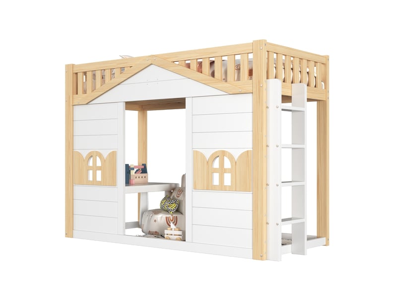  Lit superposé 90x200 cm, espace bas pour dormir ou jouer, échelle modulable, en bois, blanc et naturel, sans matelas  - Conforama A