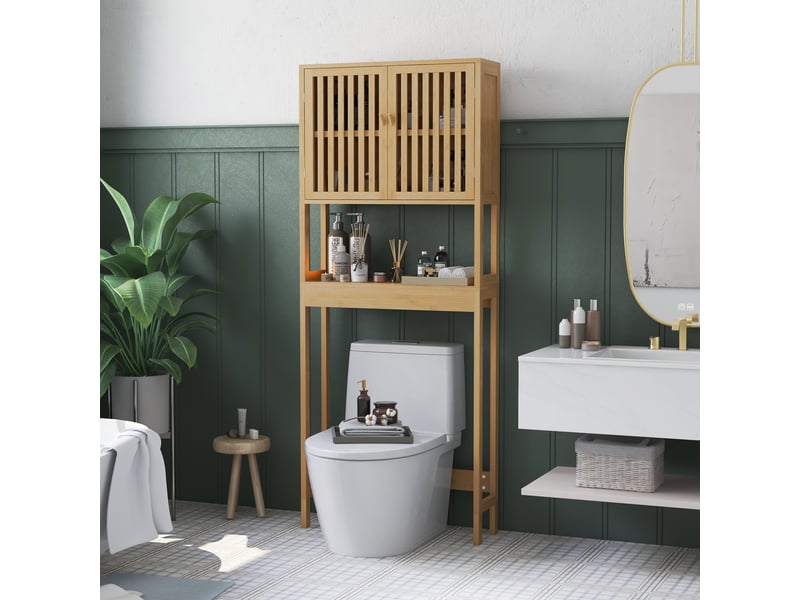  Étagère de toilettes meuble de salle de bain dessus toilette wc avec placard 2 portes et étagère ouverte bambou  - Conforama D