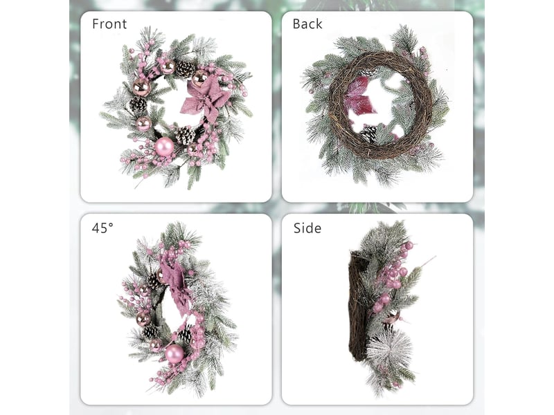  Lot de 2 couronnes de noël roses 50 cm avec lumières led, boules, pommes de pin et baies, décoration porte intérieur extérieur  - Conforama D