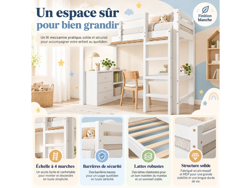 Lit mezzanine enfant 90 x 200 cm avec bureau, meuble à tiroirs, étagère et échelle 4 marches, gain de place, blanc - Conforama B