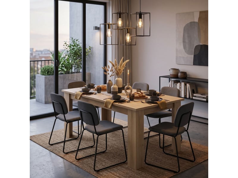  Table 160200cm aspect chêne clair rallonge finition granit gris - azya AZYA - Conforama B