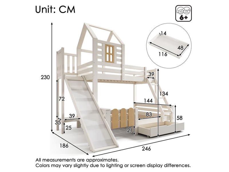  Lit superposé enfant 90x200, sécurité certifiée en747 lit superpose cabane, toboggan intégré, rangement intégré, sommier inclus  - Conforama C
