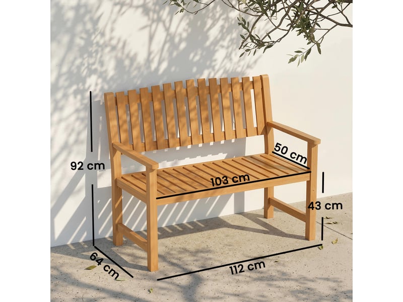 Banc de jardin 2 places en bois d'acacia avec dossier et accoudoirs à lattes, 112 x 64 x 92 cm, couleur bois  - Conforama E