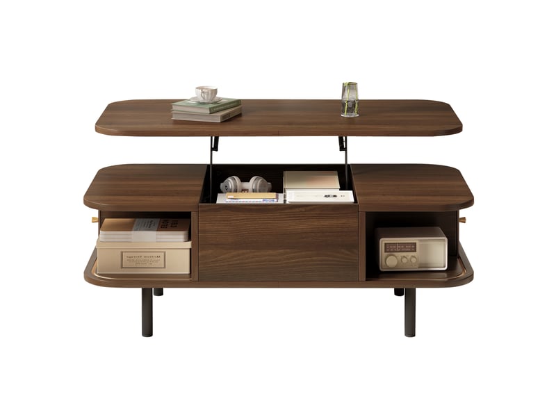  Table basse relevable avec rangement 101 x 51 x 52,5 cm, 2 portes à rideau, mdf finition noyer, pieds en métal noir  - Conforama A