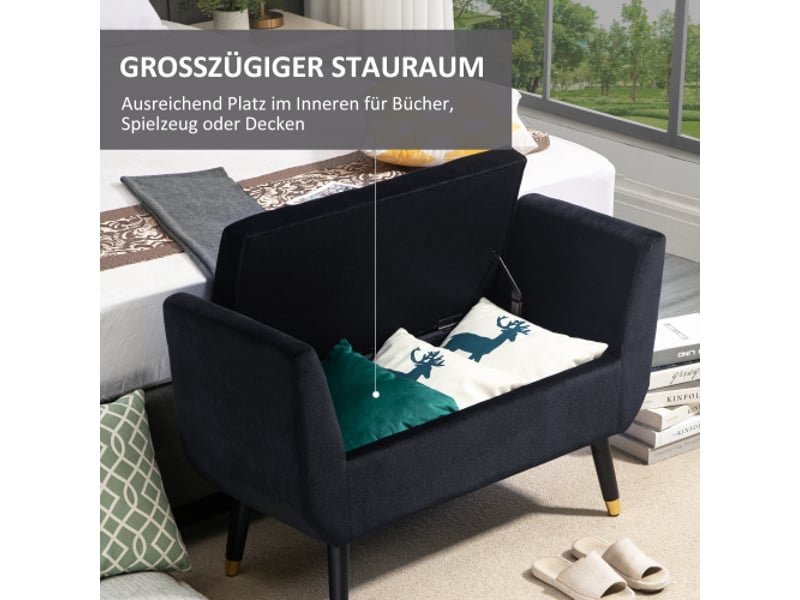  Banc coffre noir effet velours avec accoudoirs, rangement, bois d’hévéa, 107x42x65 cm  - Conforama C
