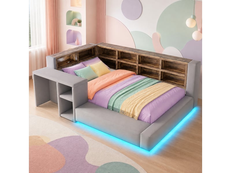  Lit simple 90x200 cm avec rangements et led, prises intégrées en velours gris foncé  - Conforama D