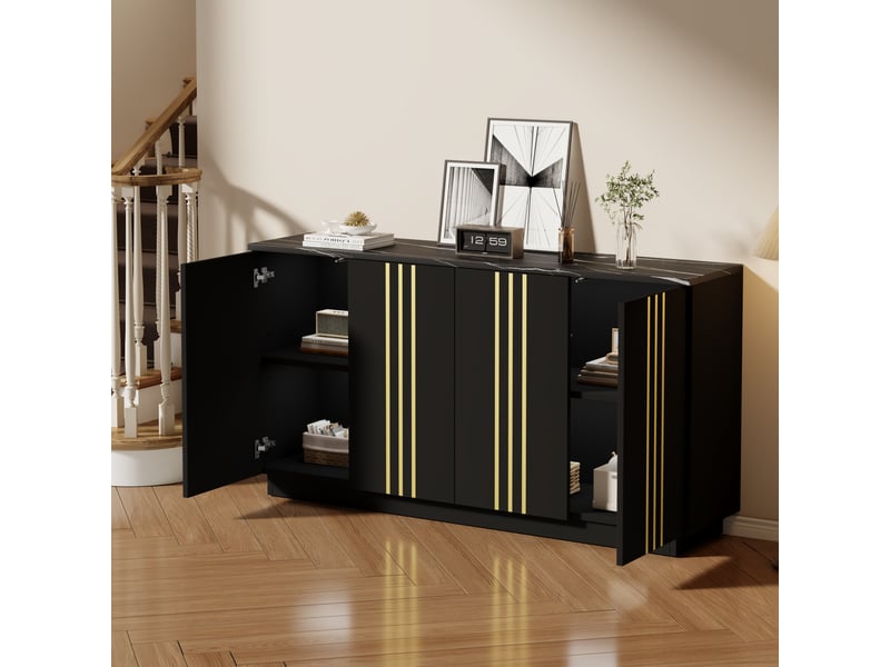 Buffet salon noir et or 140 cm meuble de rangement 4 portes - Conforama E