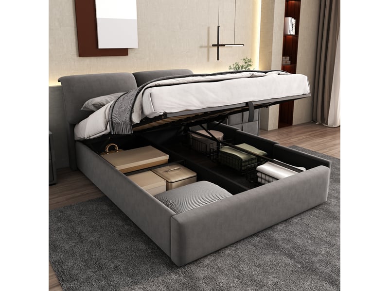  Lit coffre 140x190 cm, lit double, sommier à lattes, rangement hydraulique, velours gris, 3 tiroirs  - Conforama E