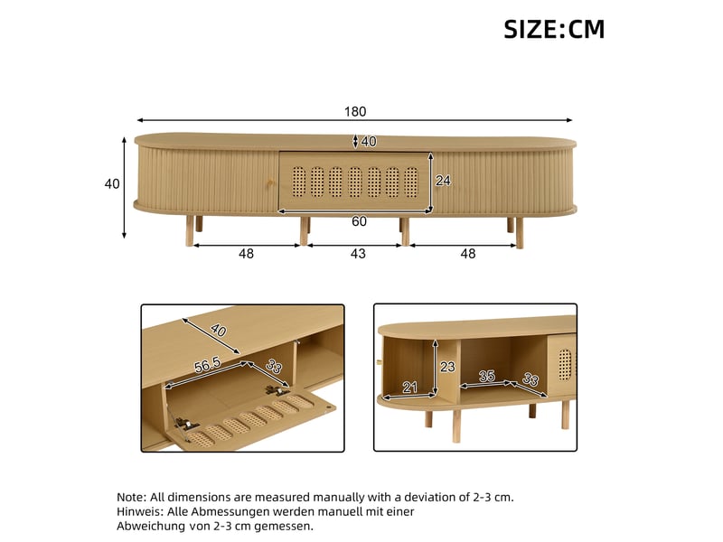  Meuble tv 180x40x40 cm avec porte abattante, mdf, coloris bois clair  - Conforama C
