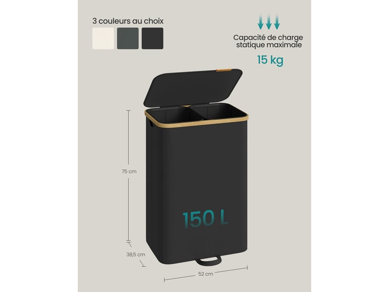  Panier à linge rectangulaire moderne 52 x 38,5 x 75 cm avec couvercle design épuré en bambou noir d'encre 12_0012372  - Conforama B